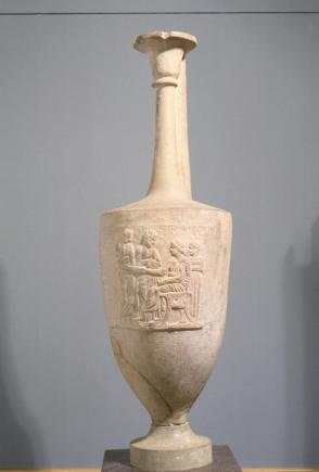 Grave marker In shape of a lekythos (oil or perfume container):  Nikokles and Autokrates standing next to their seated sister Aristonike