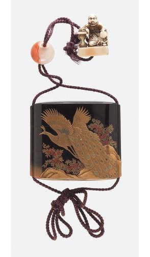 Inro decorated with peacock, ojime, and netsuke