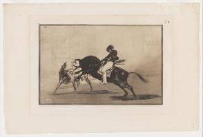 Plate 24 from La Tauromaquia: The Same Ceballos Mounted on Another Bull Breaks Short Spears in the Ring at Madrid