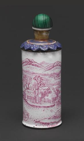 Snuff bottle with landscape and story of Dongfang Shuo stealing peaches