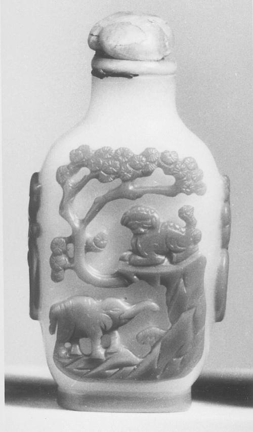 Snuff bottle:  Elephant and Lion with Tree; Dog and Cat with Tree