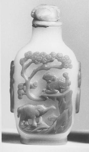 Snuff bottle:  Elephant and Lion with Tree; Dog and Cat with Tree