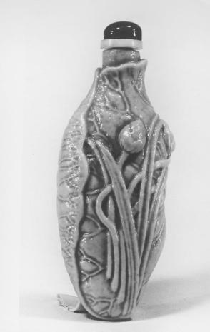 Snuff bottle:  Water Beetle and Buds on a Curled Lotus Leaf