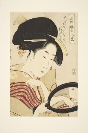Okita of the Naniwaya Studying Her Face in a Hand Mirror