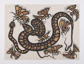 Horizontal painting of a snake and winged insects