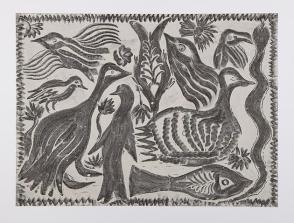 Horizontal painting of birds, fish, and snake