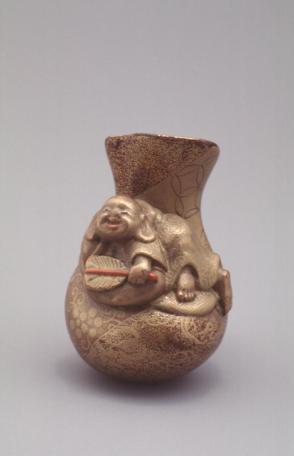 Wood Model of a Large Bag with a Smiling Hotei Holding a Fan
