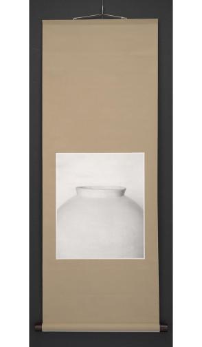 Photograph of white jar mounted on a hanging scroll 