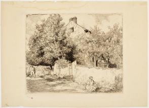 A woman sitting by a wall along a road, with a man pulling a wagon approaching.  Behind the wall is the eave of a house largely obscured by trees