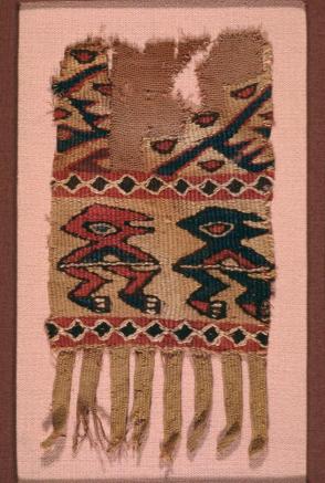 Textile Fragment with tab fringe:  Two Bird (?) Figures