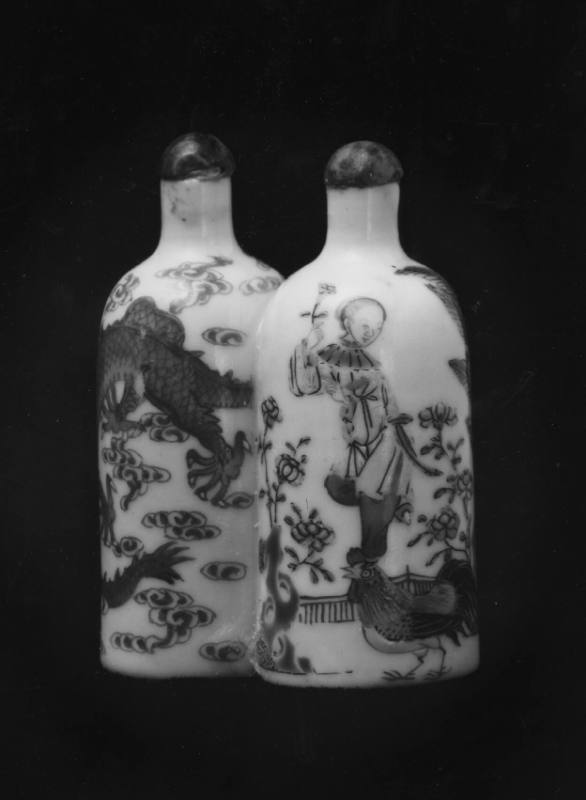 Double Snuff Bottle: Woman, Rooster and Plants; Two Dragons Chasing Flaming Pearl