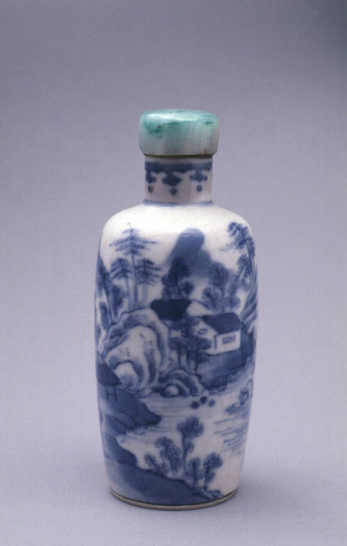 Snuff bottle:  River Landscape with Fisherman and Houses