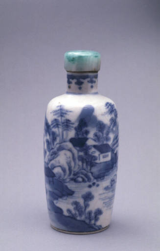 Snuff bottle:  River Landscape with Fisherman and Houses