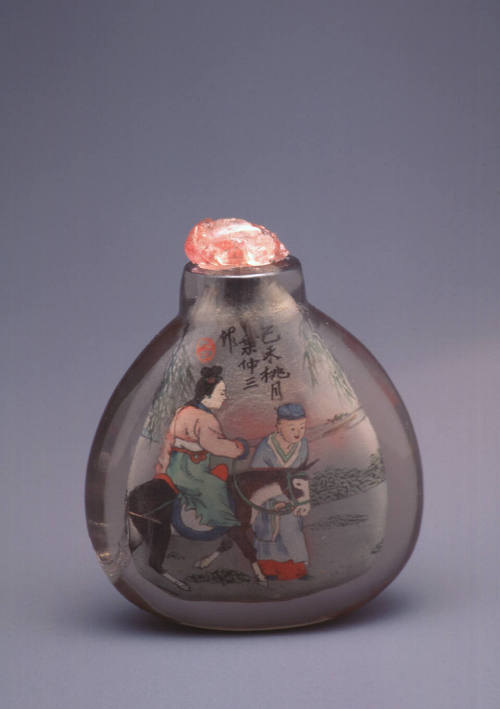 Snuff bottle:  woman riding a horse; scholar and attendant