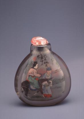 Snuff bottle:  woman riding a horse; scholar and attendant