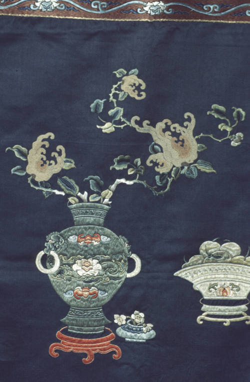 Embroidered blue satin hanging