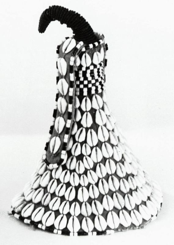 Kalyeem hat with decorated cowrie flap (Malelyeem)