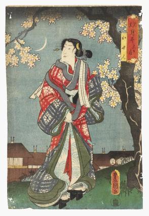 Courtesan Mikayuki Osen enjoying the crescent (3rd day) moon