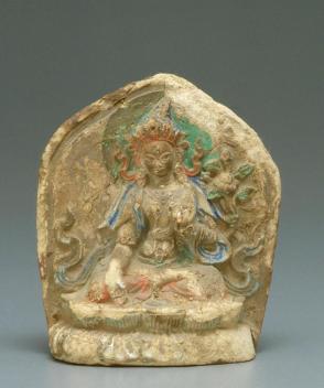 Votive tablet enclosing a scroll: seated Padmapani (bodhisattva, Lotus Holder)