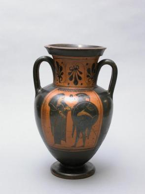 Black-Figured Amphora, (two handled vessel) with Soldiers and Veiled Female