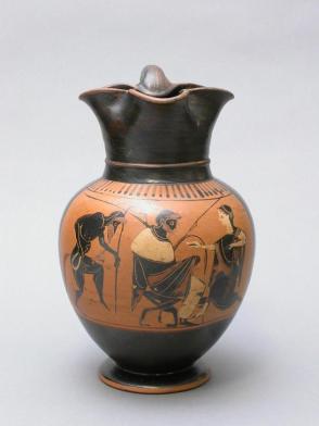 Black figure Oinochoe (wine pitcher) with Gods Playing a Game?