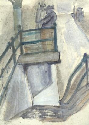 Figure Standing By Railing over Stairway