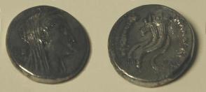 Phoenician decadrachm, with head of Arsinoe II (obv.) and double corucopia (rev.)