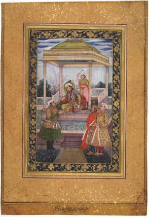 Emperor Jahangir in pavilion with attendants
