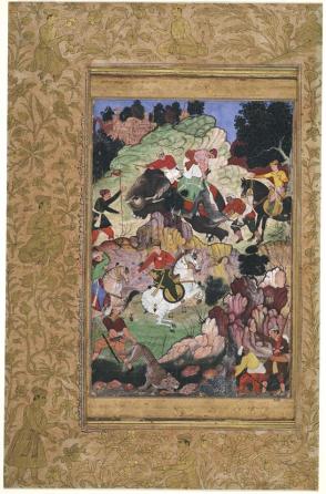 Hunting Scene from the Akbarnama (with border from the Farhangi-Jahangiri dictionary manuscript)