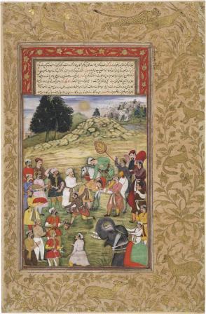 Akbar on horseback receiving homage
