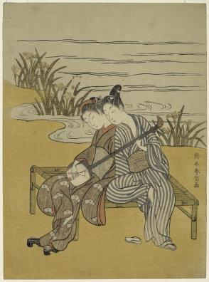 A Youth and a Girl Playing the Samisen together on a Bench beside a Stream