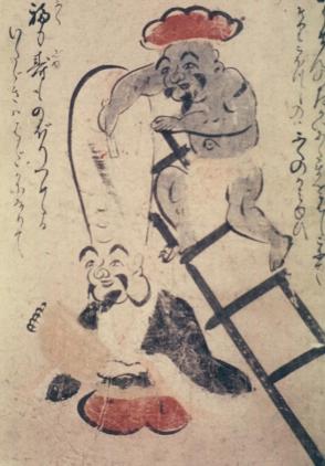 Geho Hashigo Zuri (Daikoku, God of Wealth, Shaving Head of Fukurokuju, God of Longevity)