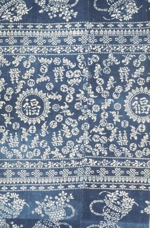 Indigo Print with Chinese Characters, orchids, plum blossoms