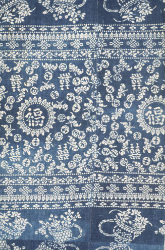 Indigo Print with Chinese Characters, orchids, plum blossoms