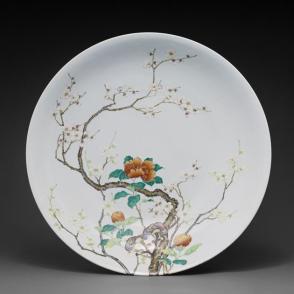 Dish with camellia and flowering plum