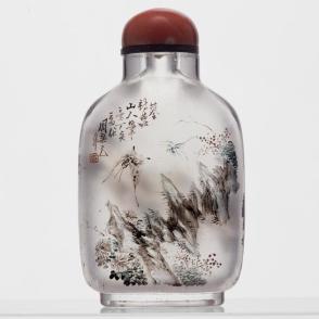 Inside-painted snuff bottle with cricket, dragonflies, and butterfly