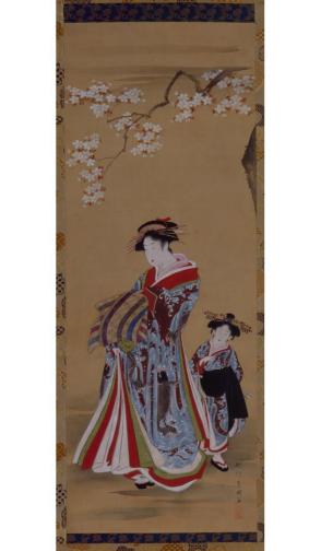Courtesan and her Maid Admiring Cherry Blossoms