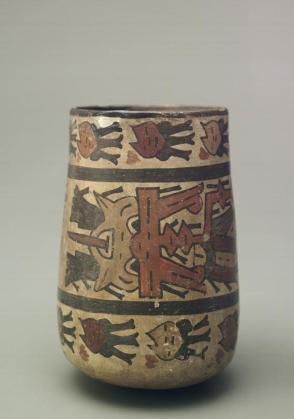 Cylindrical vessel with flying shaman and ritually severed heads