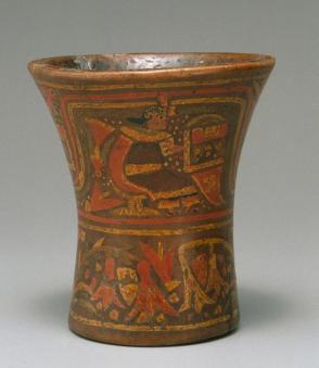 Kero (drinking cup) with figure presenting textiles