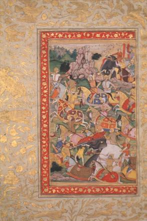 Akbarnama battle scene and garden border