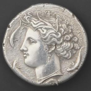 Attic decadrachm with quadriga (obv.) and head of Arethusa (rev.)