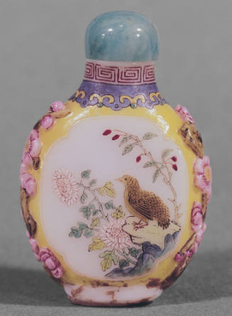 Snuff bottle: Quail and Chrysanthemum on raised panel