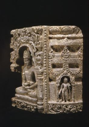 Votive stupe base frag.; 2 Buddha figures