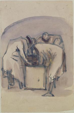 Four Figures Stooping over a Bin