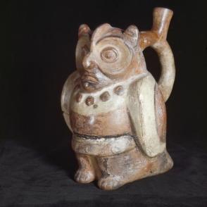 Stirrup spout vessel with anthropomorphic owl