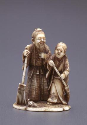 Netsuke modelled as Jo and Uba with a turtle