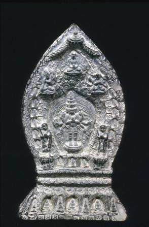 Votive tablet: standing Sahasrabhuja (eleven-headed, thousand-armed Avalokiteshvara) with attendants
