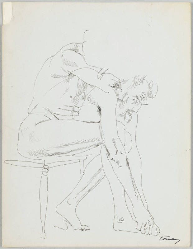 Sketch of a seated male figure bending