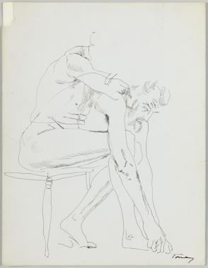 Sketch of a seated male figure bending
