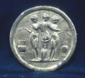 Mirror:  Female Triad with Harvest Symbols:  Sheaves of Wheat and Oinochoe and Amphora